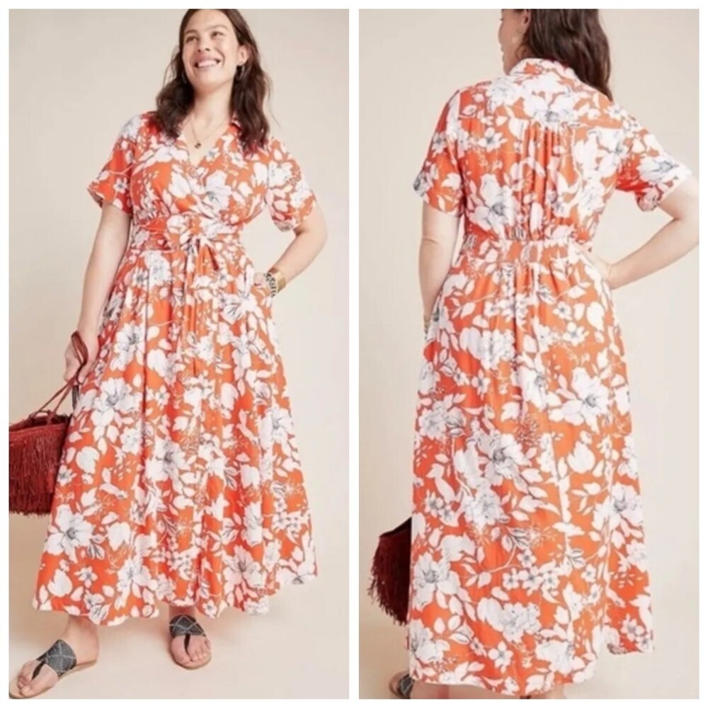 Anthropologie Orange Floral Maxi Dress